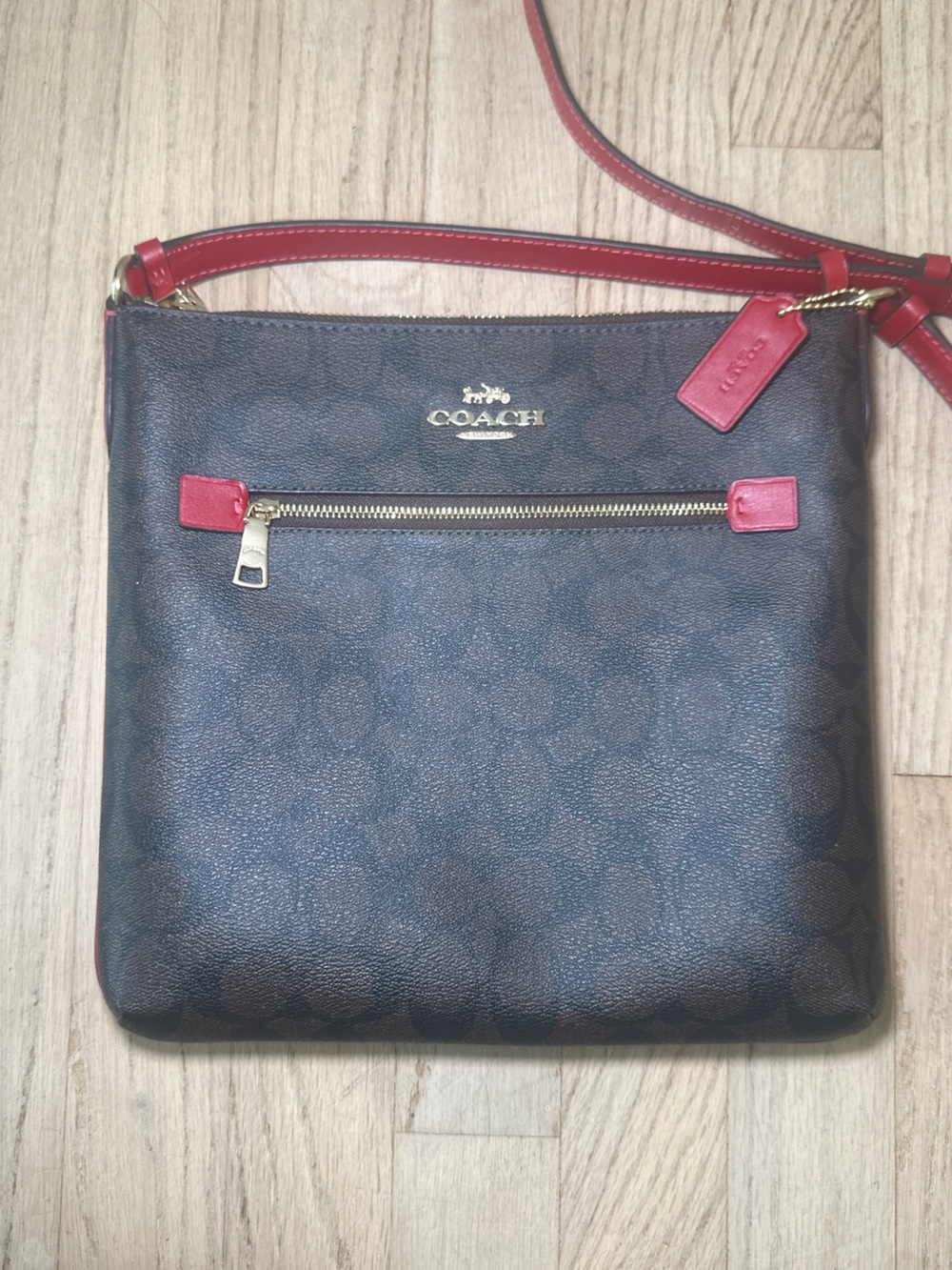 Coach Brown Signature Crossbody with Red Trim and Strap